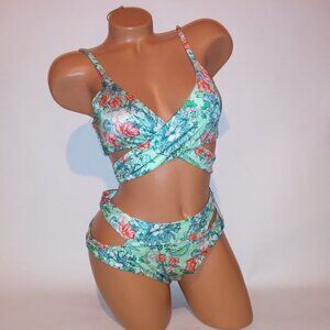Victoria Secret Swim Bikini  Top & Bottom Green Floral Wrap Halter Strappy Cutou